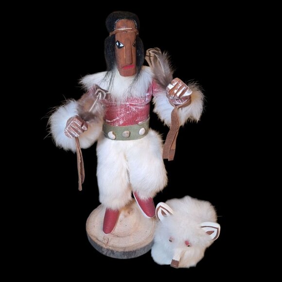 Kachina Doll Wolf Mask RB Vintage Native Folk Art Indian Fur Wood 12.5 Inch - Picture 14 of 14